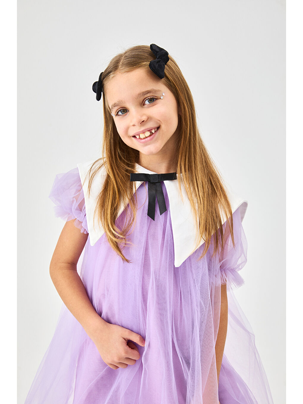 Lila Sivri Yakalı Kız Çocuk Tül Elbise - Nicole-3