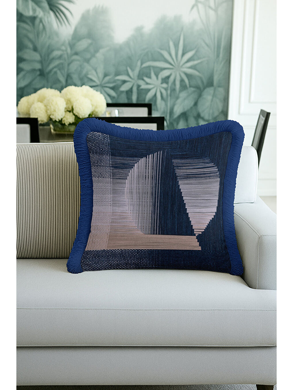 Karışık Geometrik Lüks Saçaklı Yastık Kılıfı - Modern Mavi Gri Püsküllü Kırlent Kılıfı-1