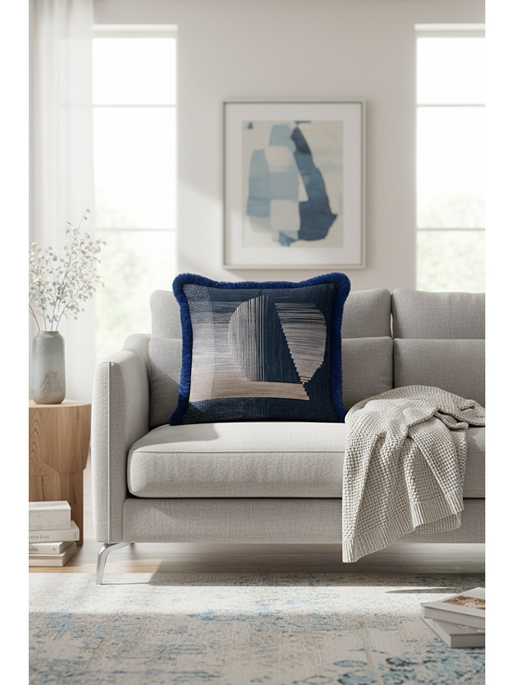 Karışık Geometrik Lüks Saçaklı Yastık Kılıfı - Modern Mavi Gri Püsküllü Kırlent Kılıfı-2