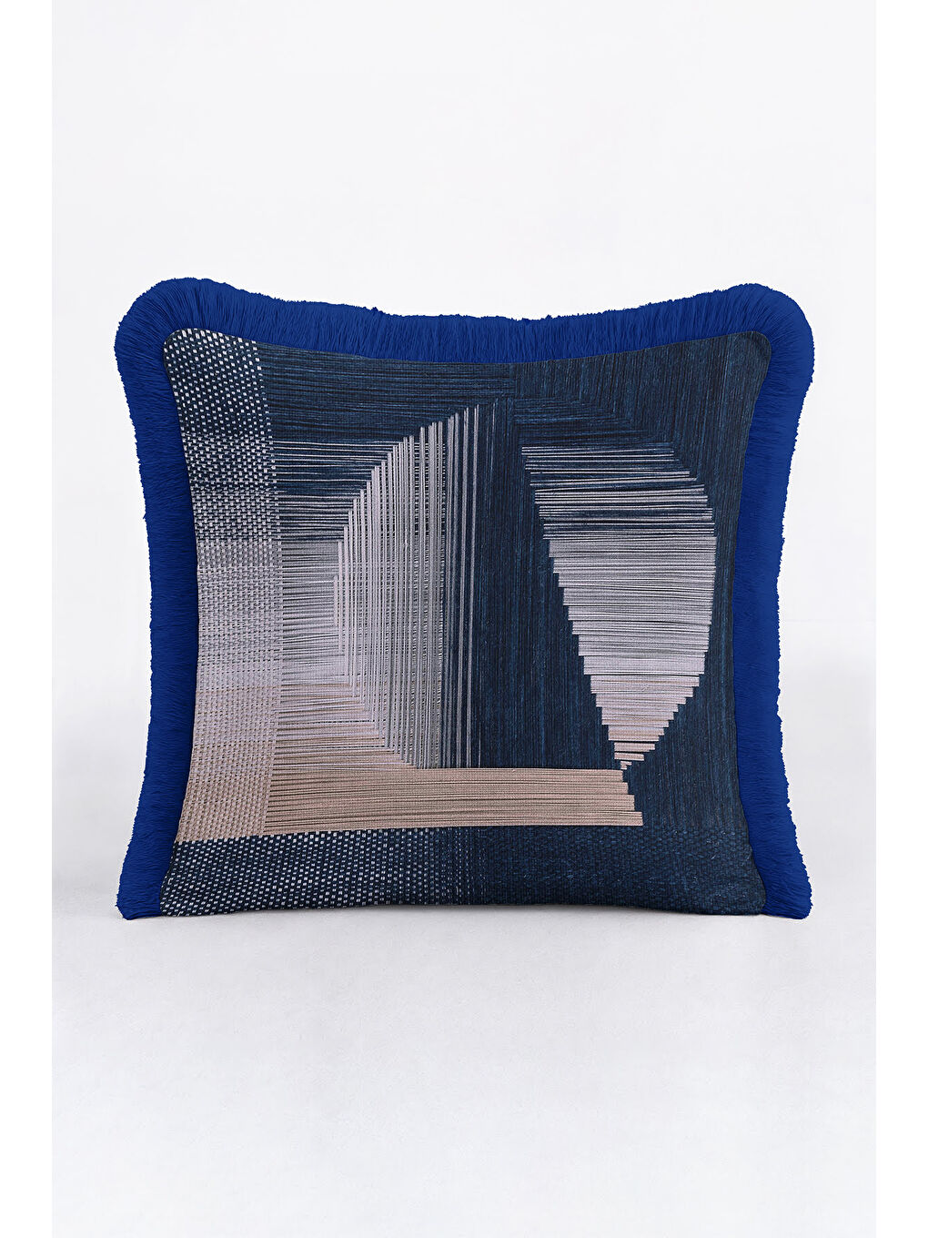 Karışık Geometrik Lüks Saçaklı Yastık Kılıfı - Modern Mavi Gri Püsküllü Kırlent Kılıfı-3