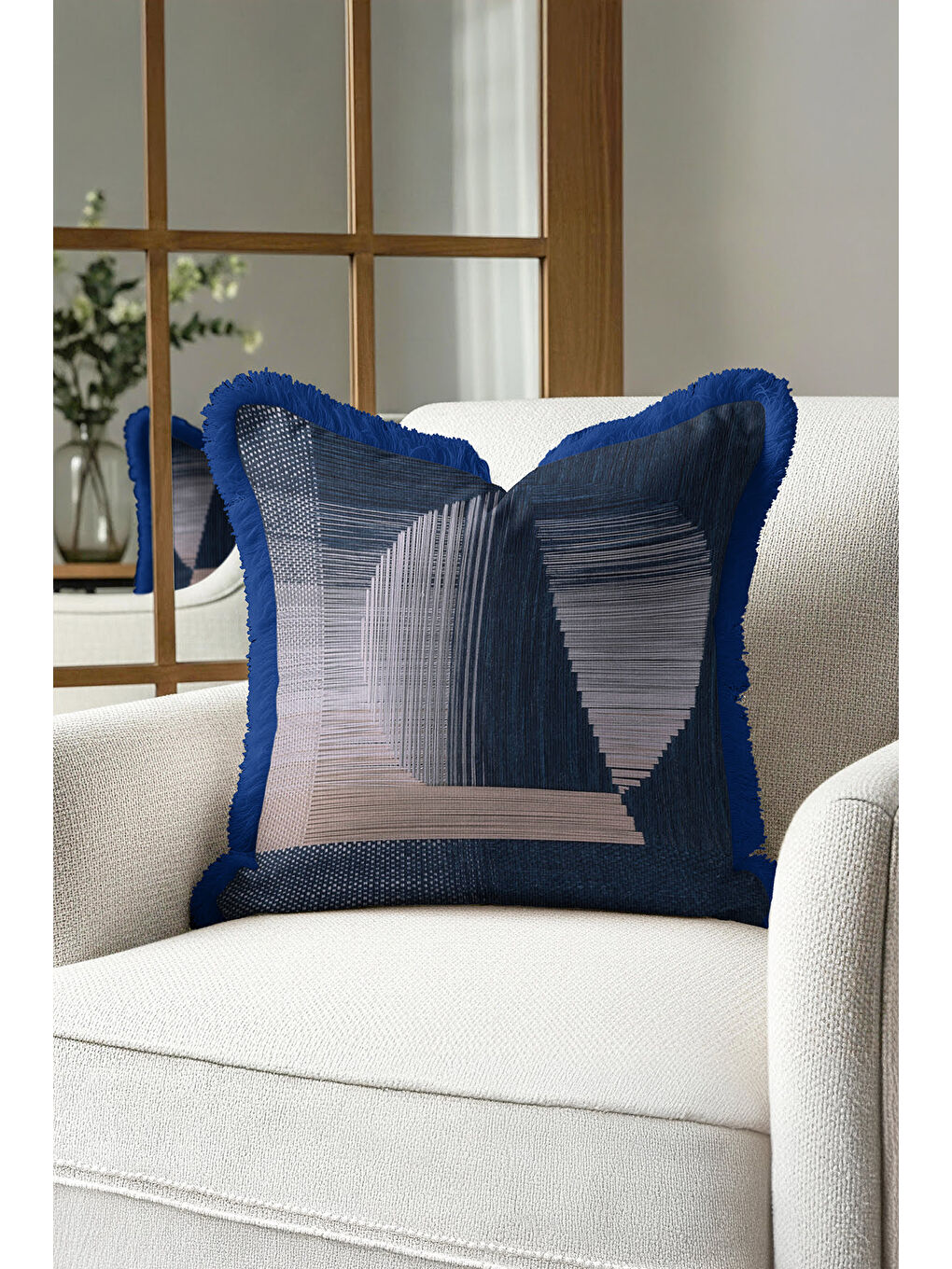 Karışık Geometrik Lüks Saçaklı Yastık Kılıfı - Modern Mavi Gri Püsküllü Kırlent Kılıfı-4