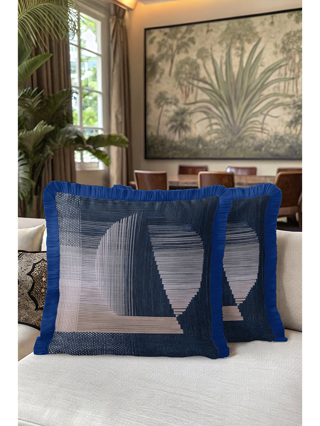 Karışık Geometrik Lüks Saçaklı Yastık Kılıfı - Modern Mavi Gri Püsküllü Kırlent Kılıfı-5