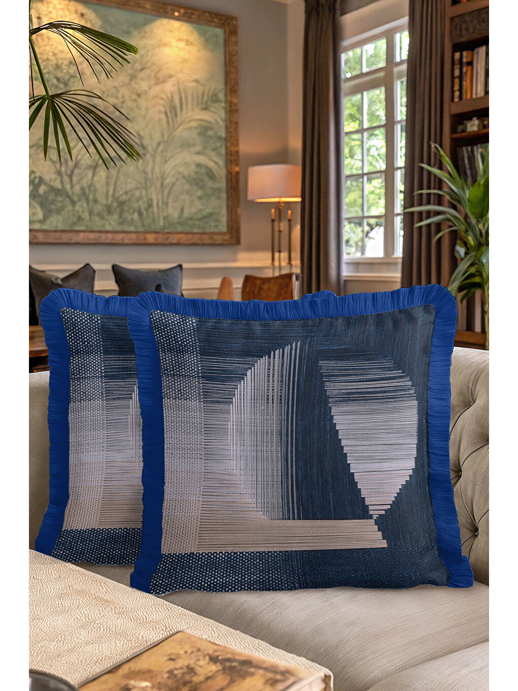 Karışık Geometrik Lüks Saçaklı Yastık Kılıfı - Modern Mavi Gri Püsküllü Kırlent Kılıfı-7