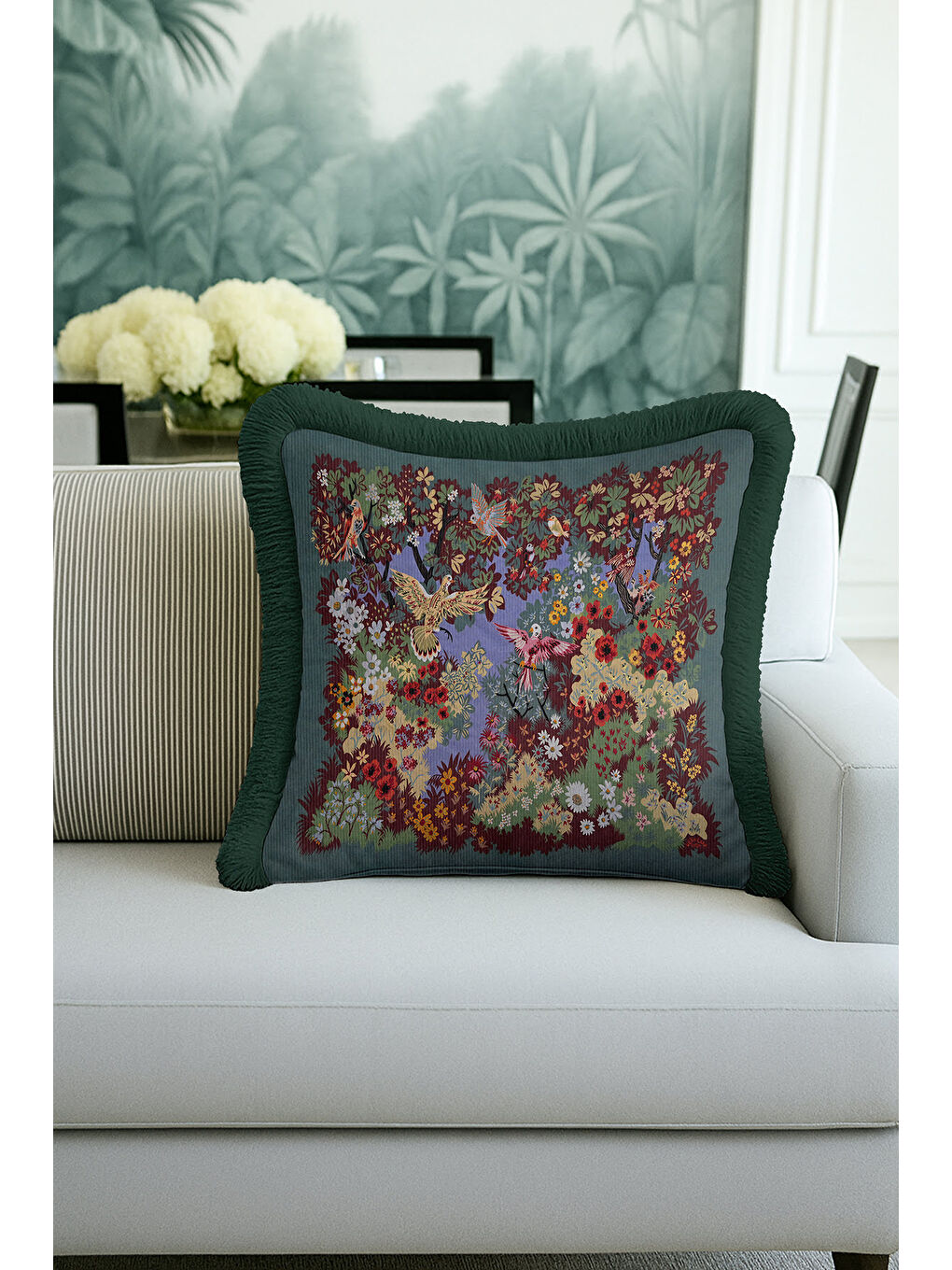 Karışık Lüks Çiçekli Kuşlu Saçaklı Yastık Kılıfı - Botanik Vintage Etnik Yeşil Püsküllü Kırlent Kılıfı-1