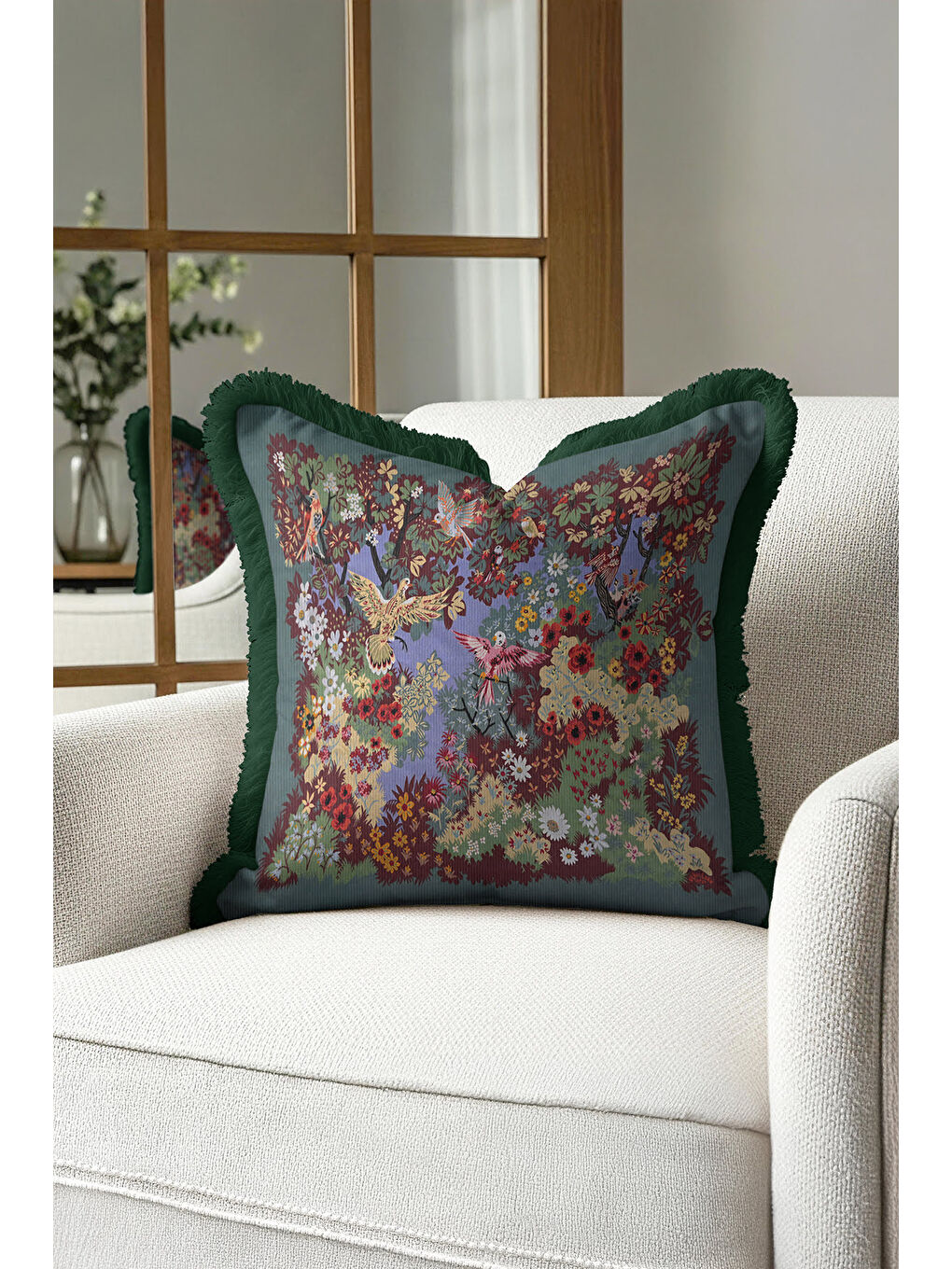 Karışık Lüks Çiçekli Kuşlu Saçaklı Yastık Kılıfı - Botanik Vintage Etnik Yeşil Püsküllü Kırlent Kılıfı-2