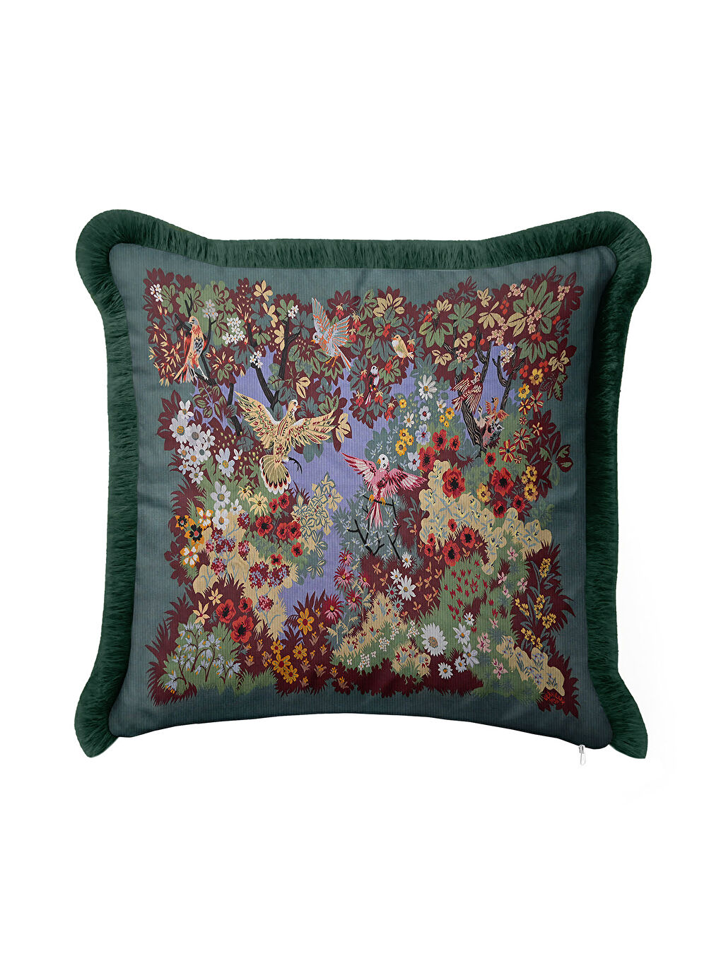 Karışık Lüks Çiçekli Kuşlu Saçaklı Yastık Kılıfı - Botanik Vintage Etnik Yeşil Püsküllü Kırlent Kılıfı-3