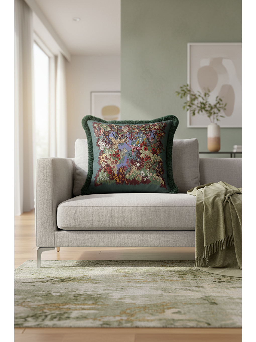 Karışık Lüks Çiçekli Kuşlu Saçaklı Yastık Kılıfı - Botanik Vintage Etnik Yeşil Püsküllü Kırlent Kılıfı-4