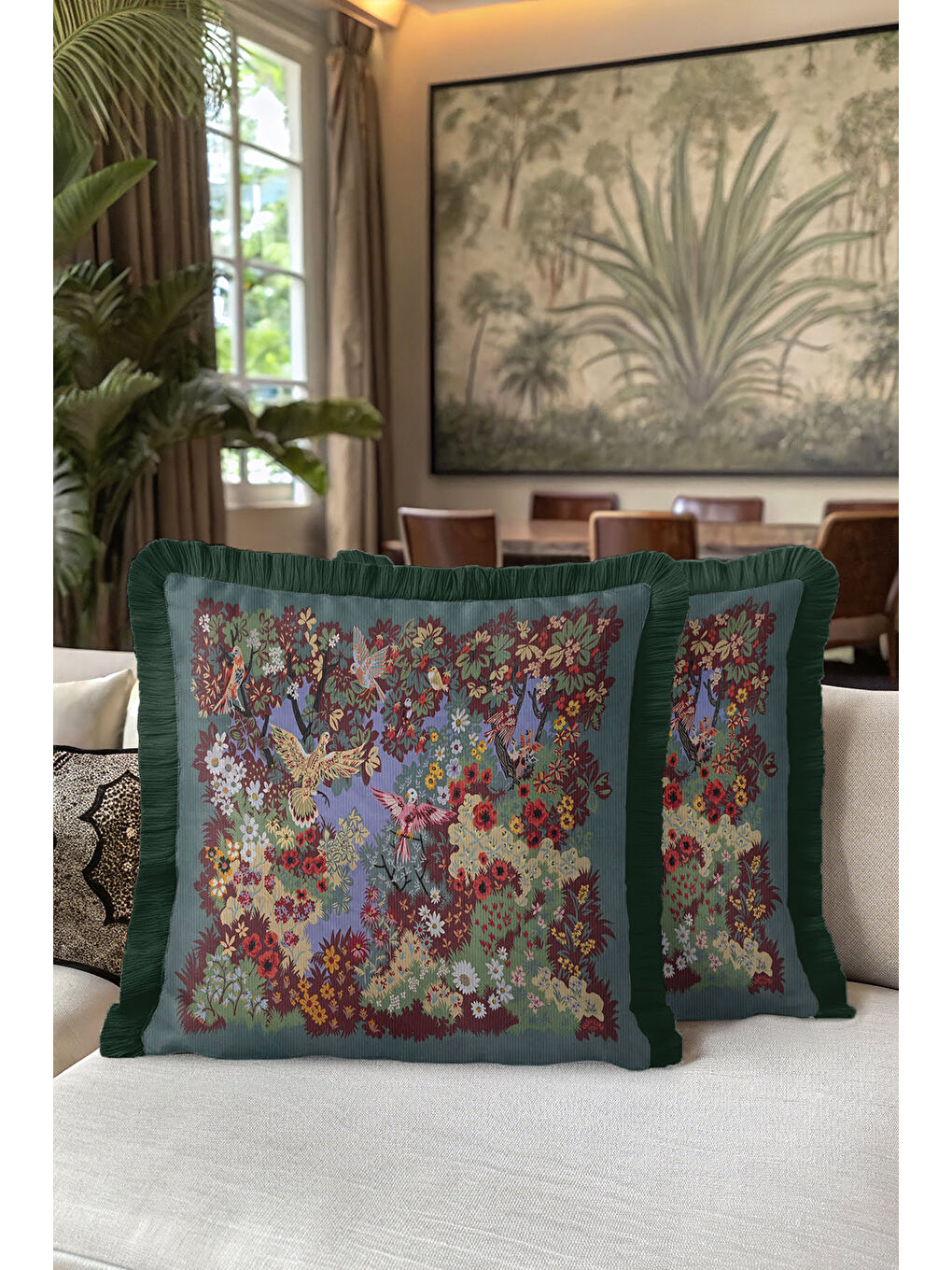Karışık Lüks Çiçekli Kuşlu Saçaklı Yastık Kılıfı - Botanik Vintage Etnik Yeşil Püsküllü Kırlent Kılıfı-5