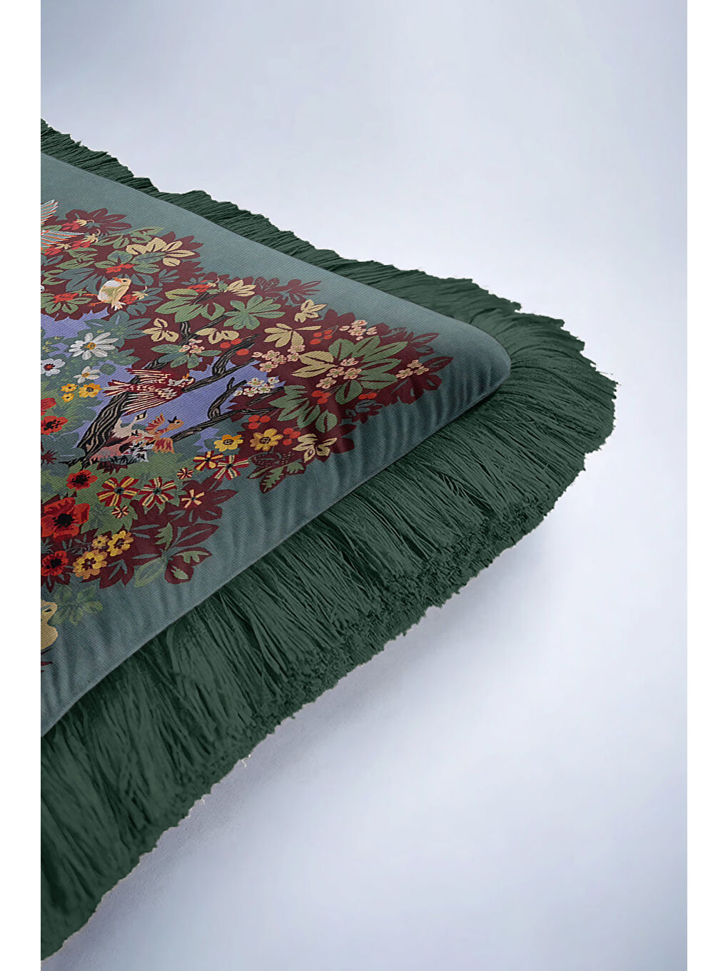 Karışık Lüks Çiçekli Kuşlu Saçaklı Yastık Kılıfı - Botanik Vintage Etnik Yeşil Püsküllü Kırlent Kılıfı-6