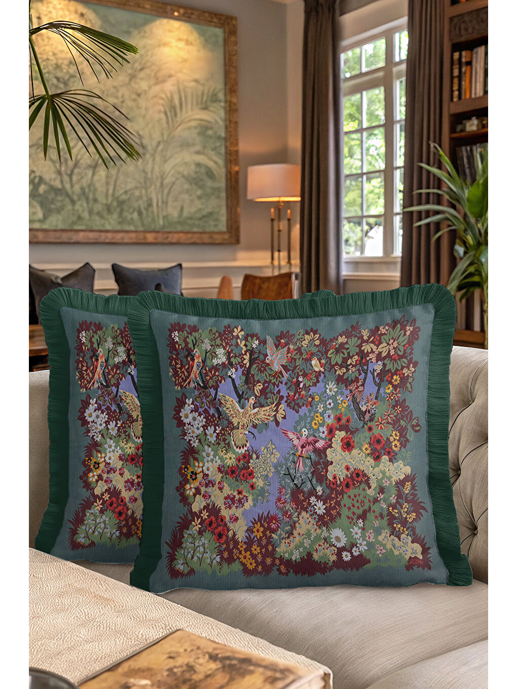 Karışık Lüks Çiçekli Kuşlu Saçaklı Yastık Kılıfı - Botanik Vintage Etnik Yeşil Püsküllü Kırlent Kılıfı-7