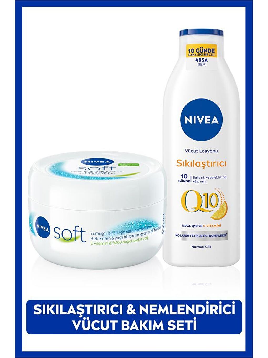 NIVEA Q10 Sıkılaştırıcı C Vitamini Vücut Bakım Losyonu 250ml ve Soft Nemlendirici Krem 300ml, Esnek Cilt