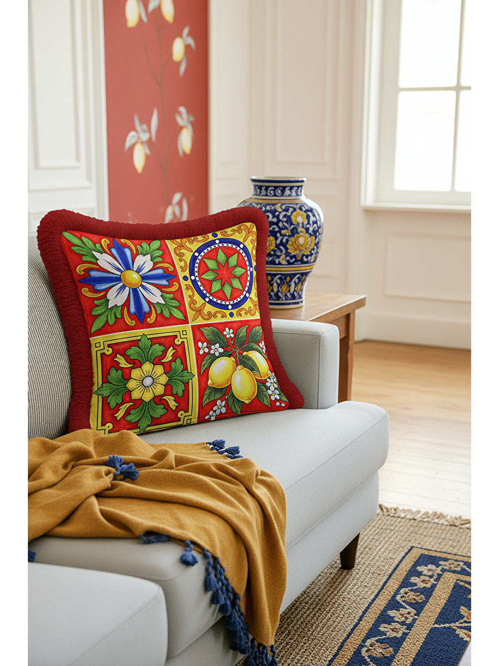 Karışık Sicilya Dokulu Renkli Saçaklı Yastık Kılıfı - Akdeniz Enerjisi Bohem Kırmızı Püsküllü Kırlent Kılıfı-1