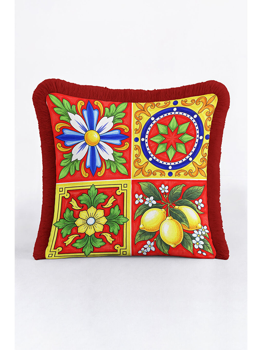 Karışık Sicilya Dokulu Renkli Saçaklı Yastık Kılıfı - Akdeniz Enerjisi Bohem Kırmızı Püsküllü Kırlent Kılıfı-2