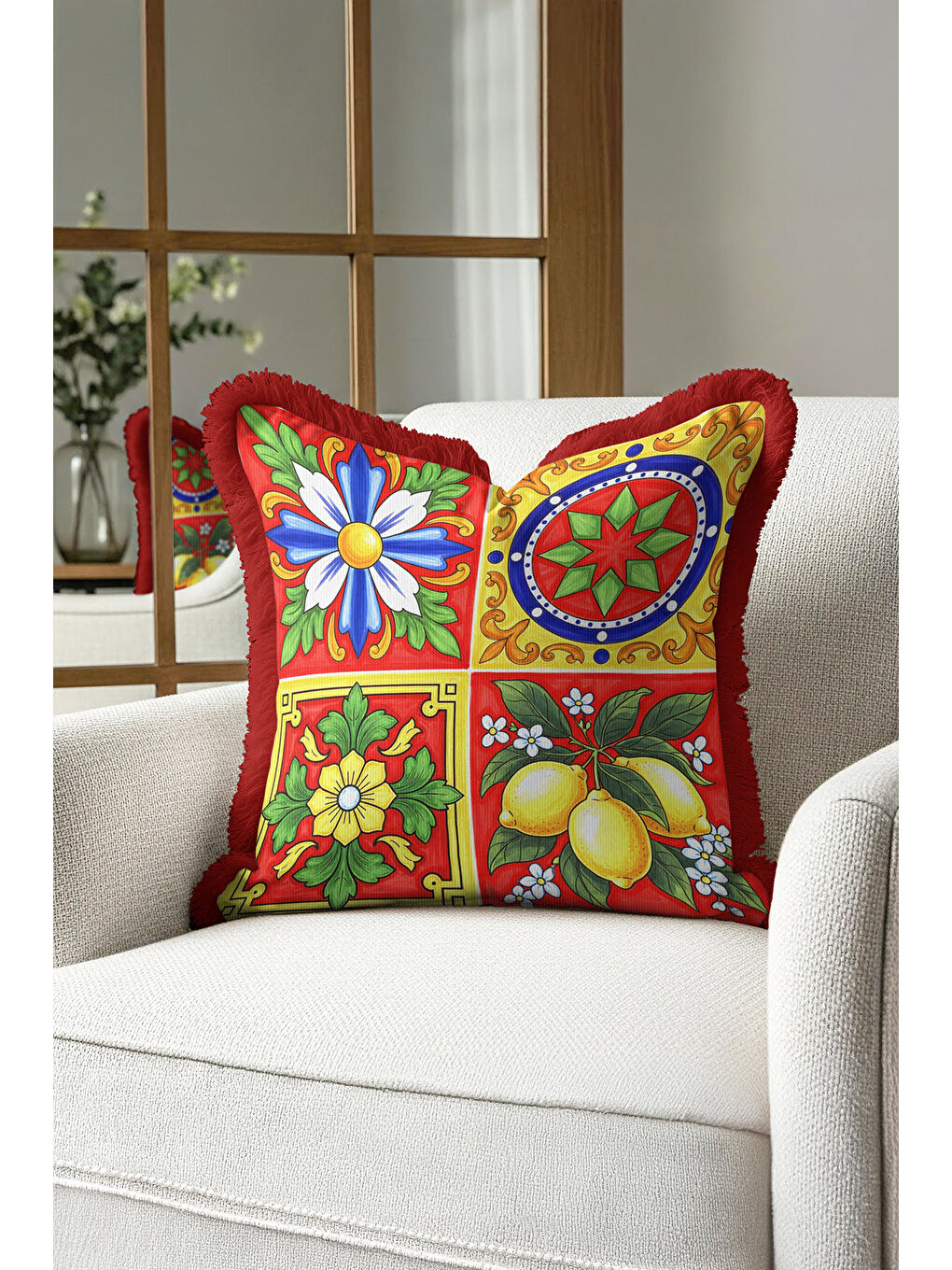 Karışık Sicilya Dokulu Renkli Saçaklı Yastık Kılıfı - Akdeniz Enerjisi Bohem Kırmızı Püsküllü Kırlent Kılıfı-3