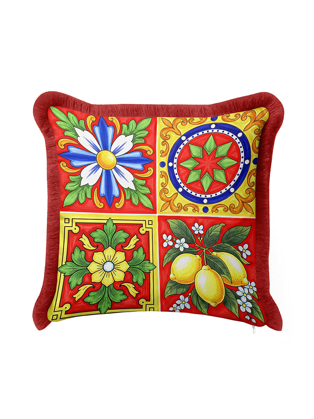 Karışık Sicilya Dokulu Renkli Saçaklı Yastık Kılıfı - Akdeniz Enerjisi Bohem Kırmızı Püsküllü Kırlent Kılıfı-4