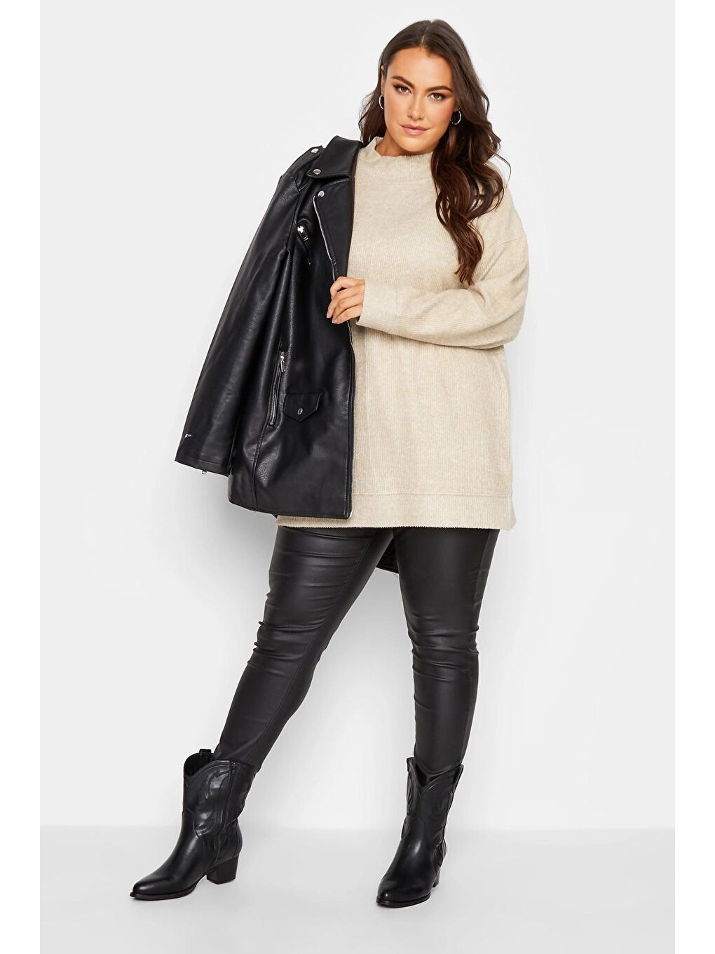 Ekru Büyük Beden Yarım Balıkçı Yaka Uzun Kollu Triko Kazak 301728