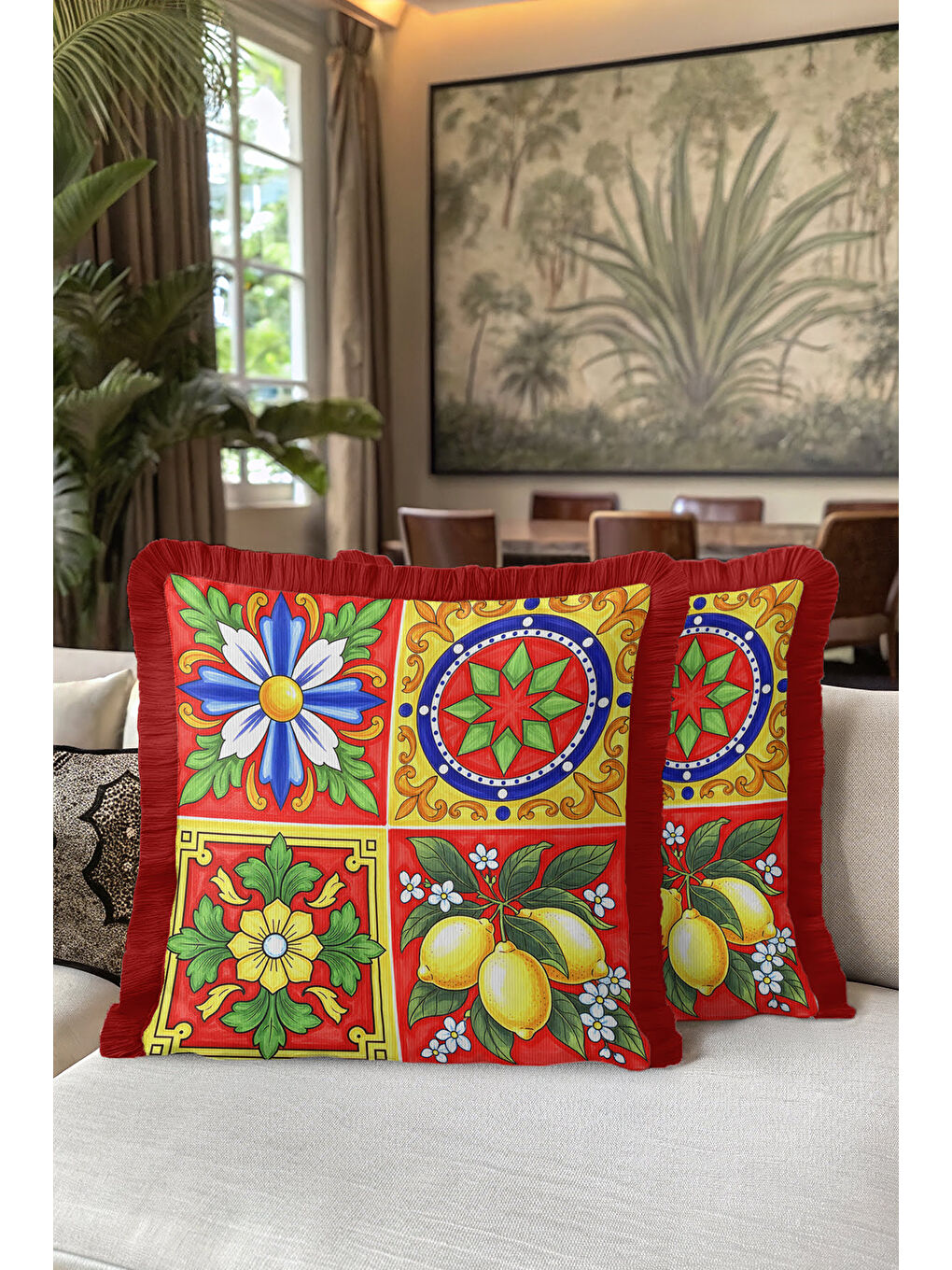 Karışık Sicilya Dokulu Renkli Saçaklı Yastık Kılıfı - Akdeniz Enerjisi Bohem Kırmızı Püsküllü Kırlent Kılıfı-5