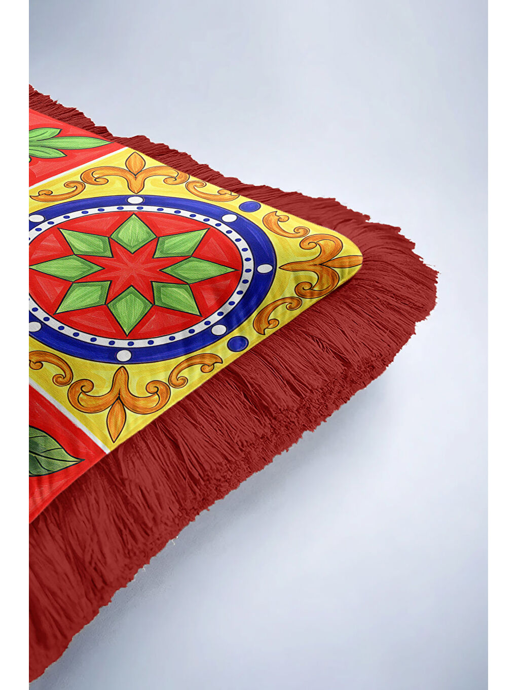 Karışık Sicilya Dokulu Renkli Saçaklı Yastık Kılıfı - Akdeniz Enerjisi Bohem Kırmızı Püsküllü Kırlent Kılıfı-6