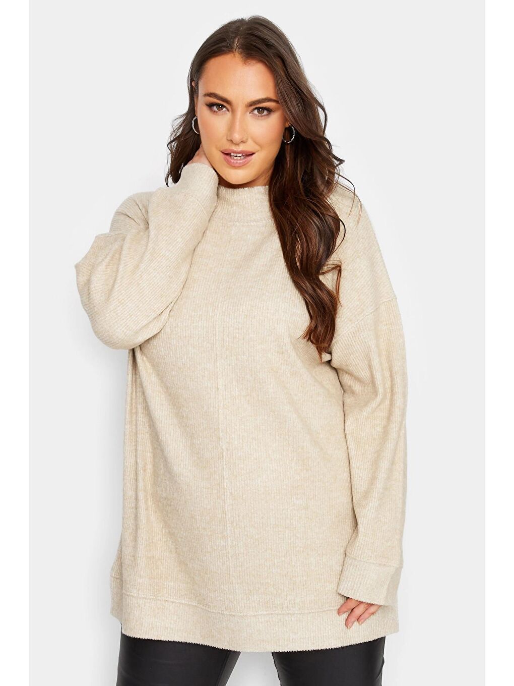 Ekru Büyük Beden Yarım Balıkçı Yaka Uzun Kollu Triko Kazak 301728-1