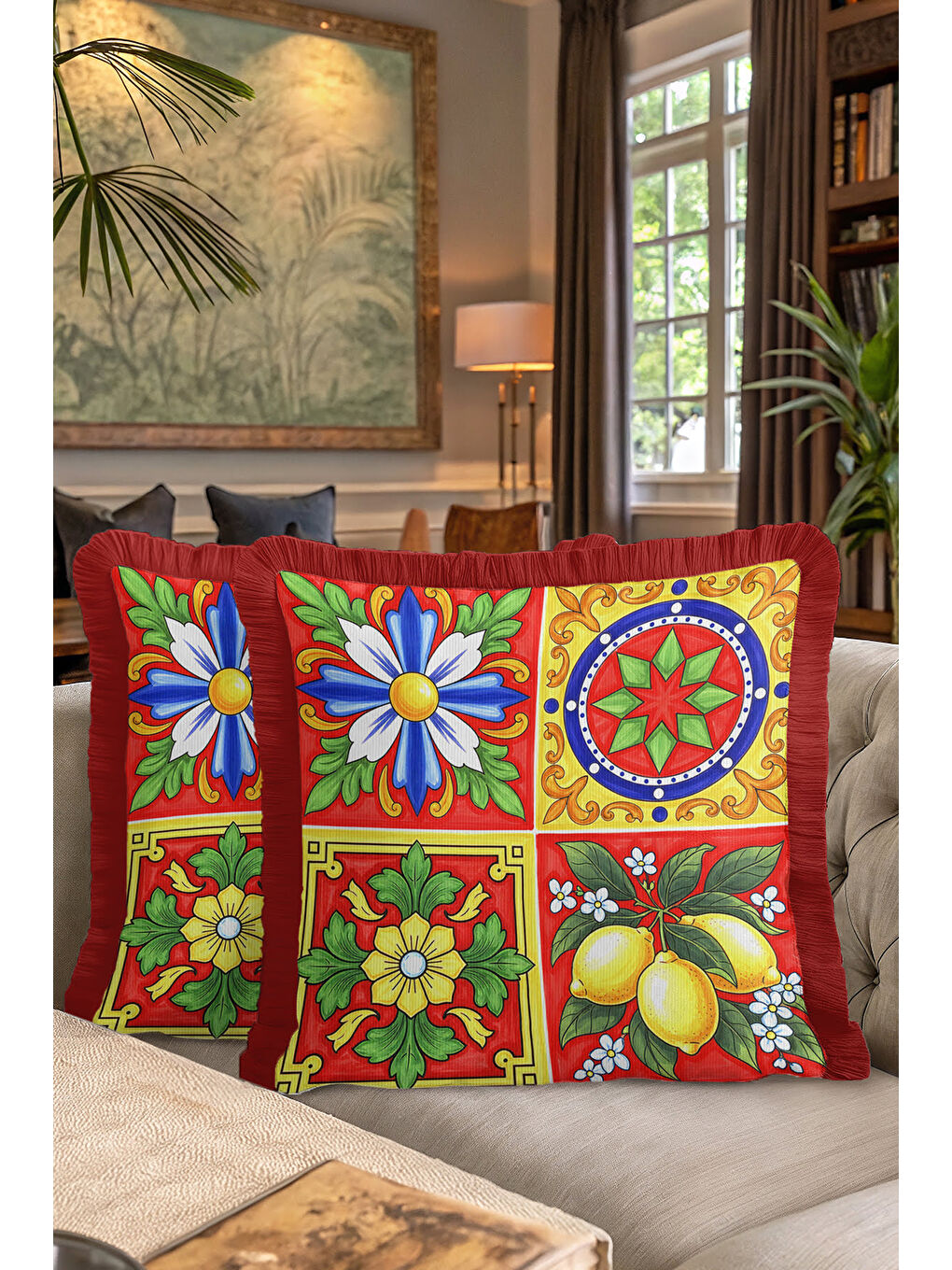 Karışık Sicilya Dokulu Renkli Saçaklı Yastık Kılıfı - Akdeniz Enerjisi Bohem Kırmızı Püsküllü Kırlent Kılıfı-7