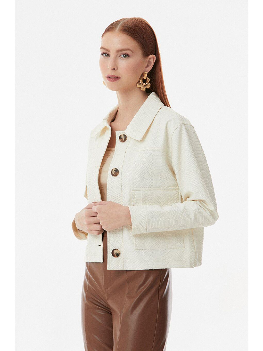 Ekru Suni Deri Büyük Cepli Ceket