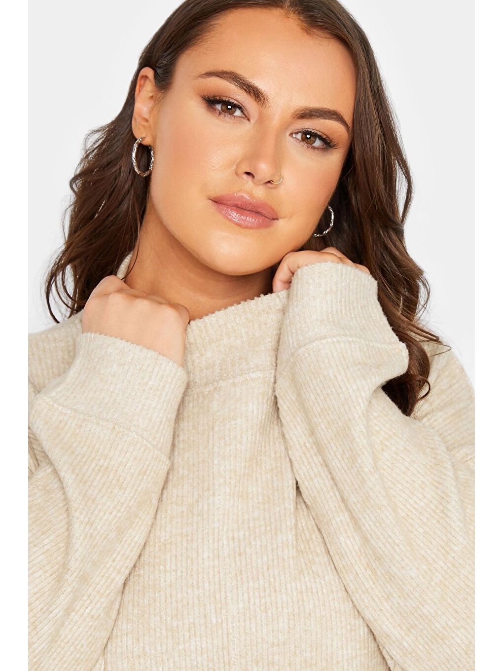 Ekru Büyük Beden Yarım Balıkçı Yaka Uzun Kollu Triko Kazak 301728-3