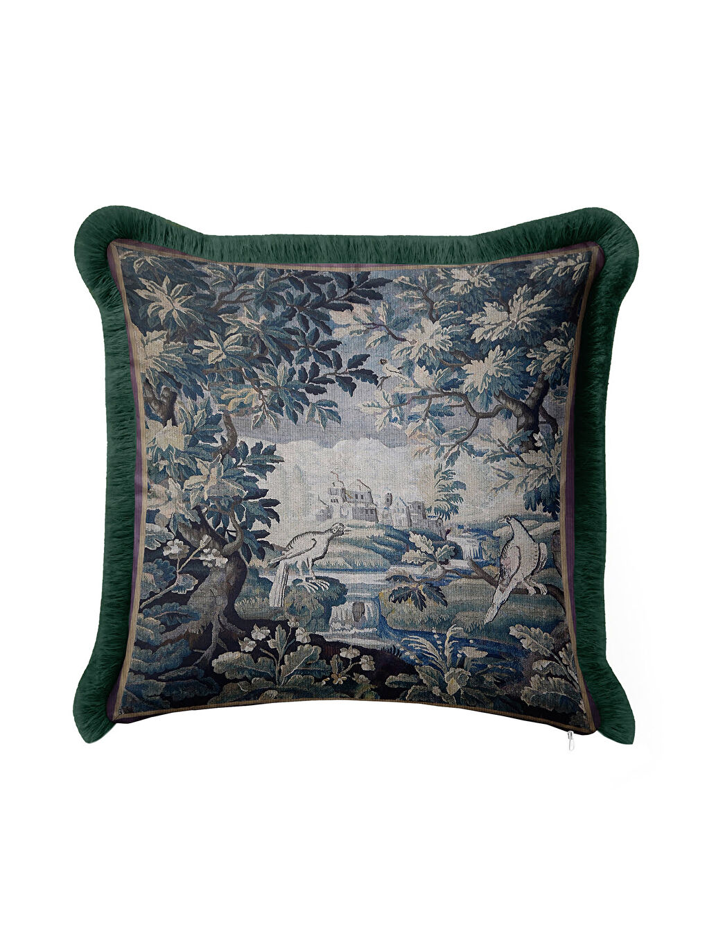 Karışık Barok Saray Manzaralı Saçaklı Yastık Kılıfı - Vintage Doğa Tema Klasik Yeşil Püsküllü Kırlent Kılıfı-1