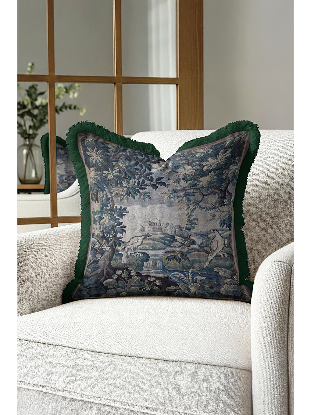 Karışık Barok Saray Manzaralı Saçaklı Yastık Kılıfı - Vintage Doğa Tema Klasik Yeşil Püsküllü Kırlent Kılıfı-2