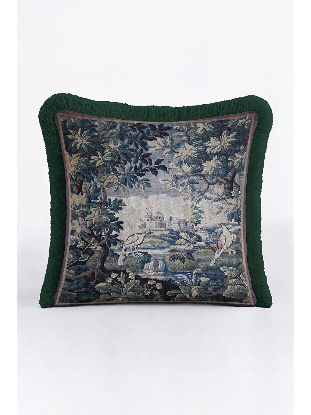Karışık Barok Saray Manzaralı Saçaklı Yastık Kılıfı - Vintage Doğa Tema Klasik Yeşil Püsküllü Kırlent Kılıfı-3