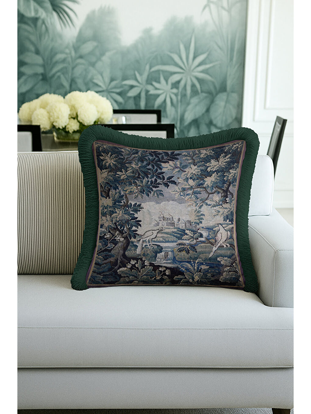 Karışık Barok Saray Manzaralı Saçaklı Yastık Kılıfı - Vintage Doğa Tema Klasik Yeşil Püsküllü Kırlent Kılıfı-4