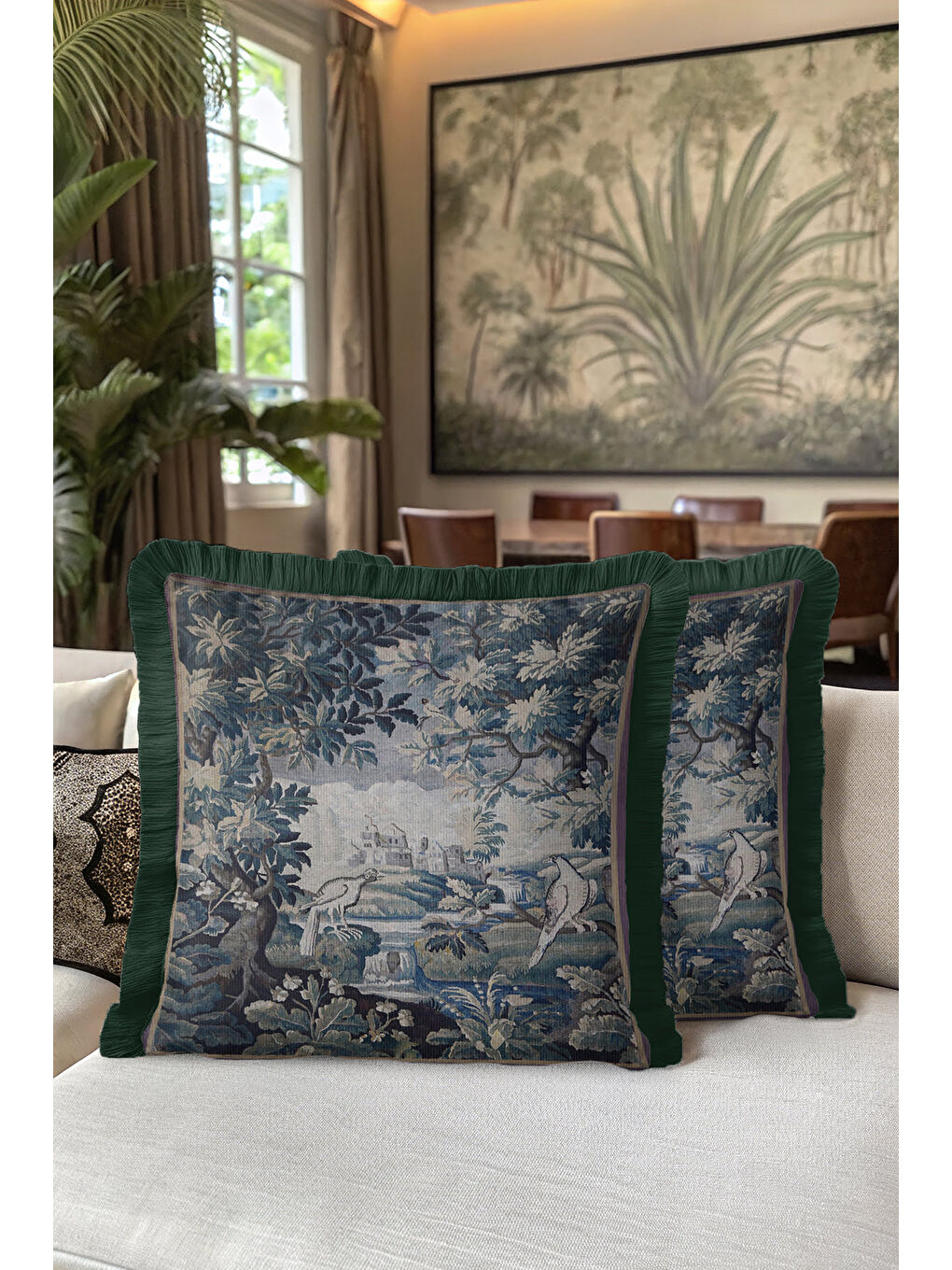 Karışık Barok Saray Manzaralı Saçaklı Yastık Kılıfı - Vintage Doğa Tema Klasik Yeşil Püsküllü Kırlent Kılıfı-5