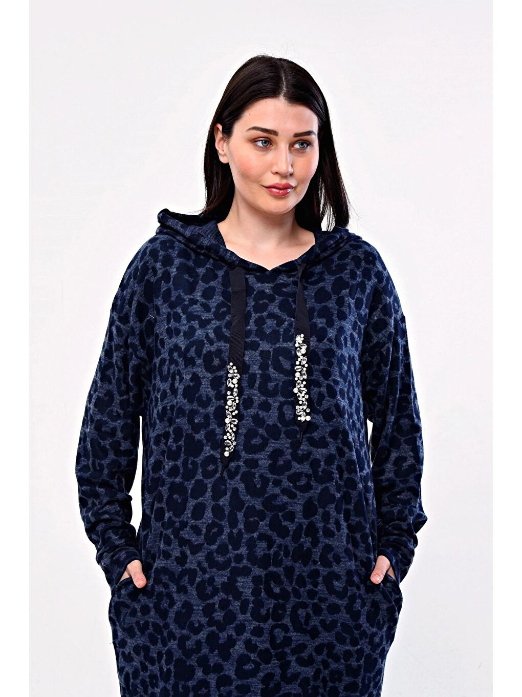 Mavi Büyük Beden Leopar Desenli Kapüşonlu Cepli Tunik 301804-1