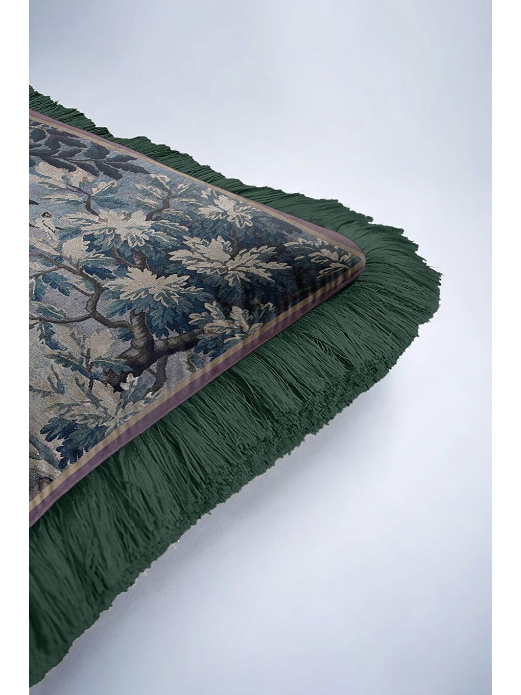 Karışık Barok Saray Manzaralı Saçaklı Yastık Kılıfı - Vintage Doğa Tema Klasik Yeşil Püsküllü Kırlent Kılıfı-6