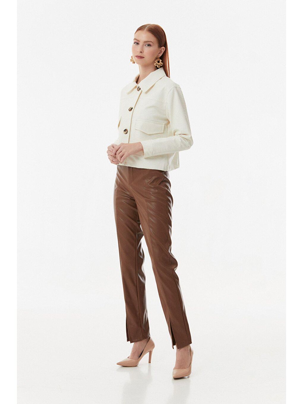 Ekru Suni Deri Büyük Cepli Ceket-2