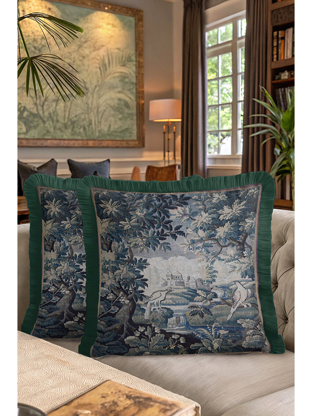 Karışık Barok Saray Manzaralı Saçaklı Yastık Kılıfı - Vintage Doğa Tema Klasik Yeşil Püsküllü Kırlent Kılıfı-7