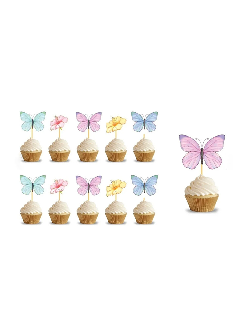Karışık Çok Renkli Çiçek ve Kelebek Figürlü 10'lu Kürdan Pasta Süsü Set