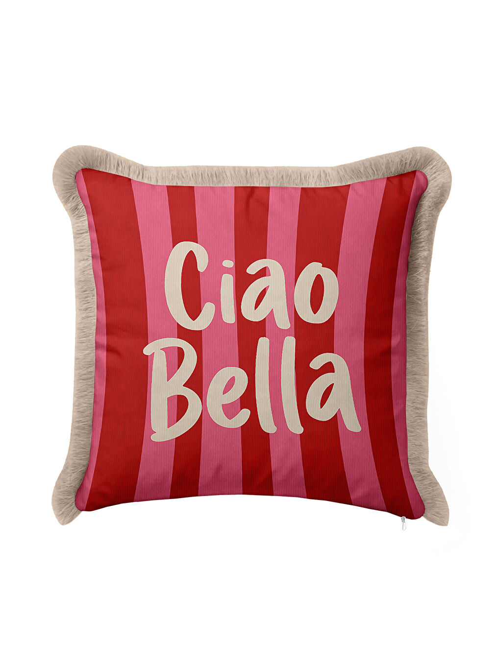 Karışık Çizgili Ciao Bella Saçaklı Yastık Kılıfı - Retro Ruhlu Kırmızı Pembe Krem Püsküllü Kırlent Kılıfı