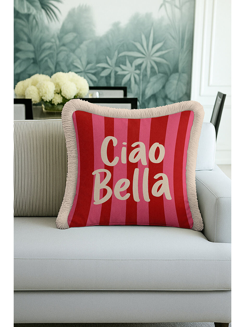 Karışık Çizgili Ciao Bella Saçaklı Yastık Kılıfı - Retro Ruhlu Kırmızı Pembe Krem Püsküllü Kırlent Kılıfı-1