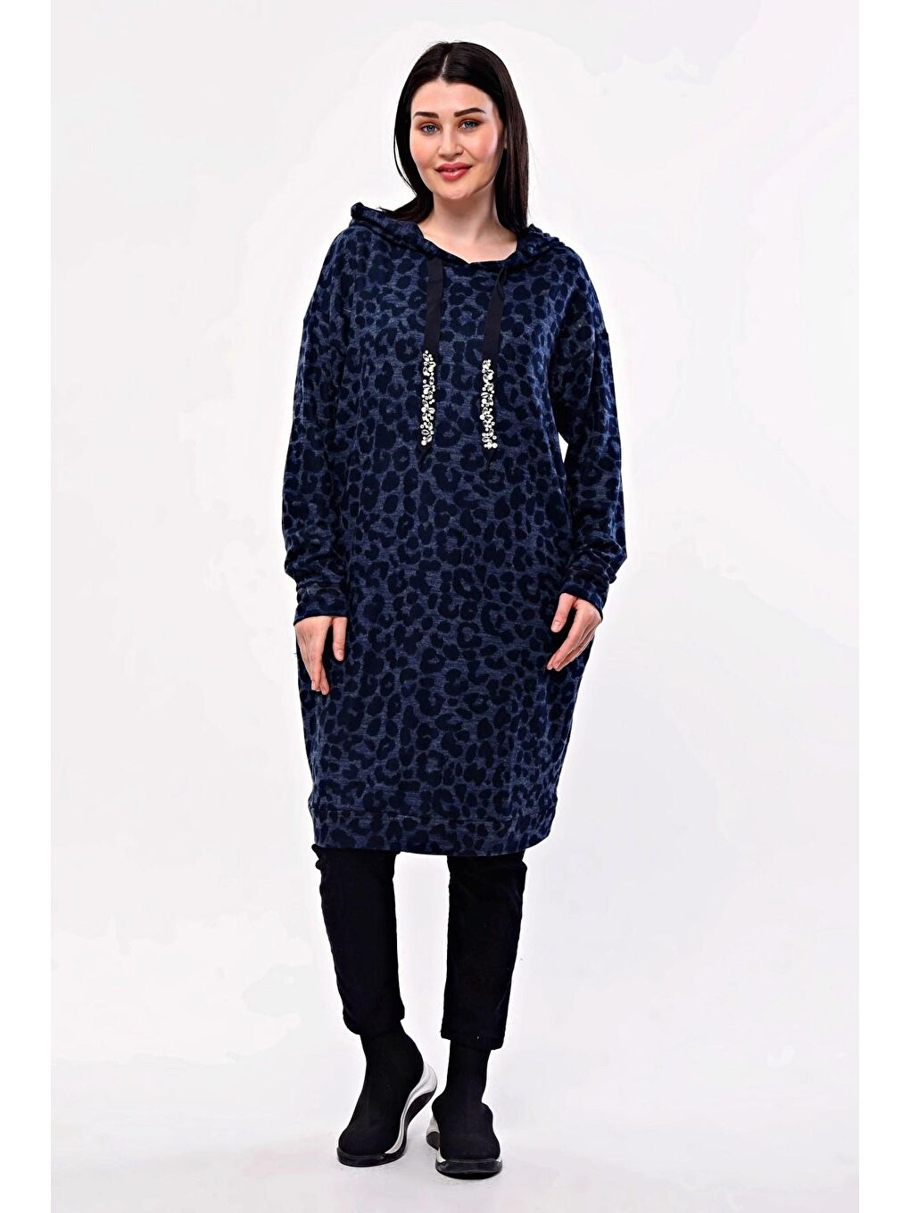 Mavi Büyük Beden Leopar Desenli Kapüşonlu Cepli Tunik 301804-3