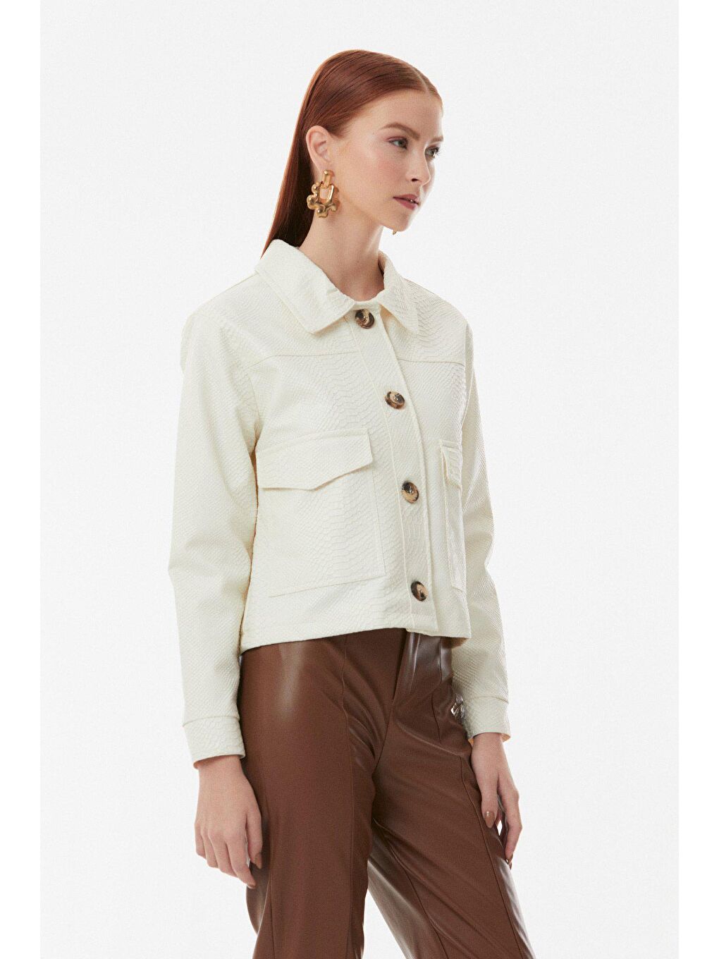 Ekru Suni Deri Büyük Cepli Ceket-3