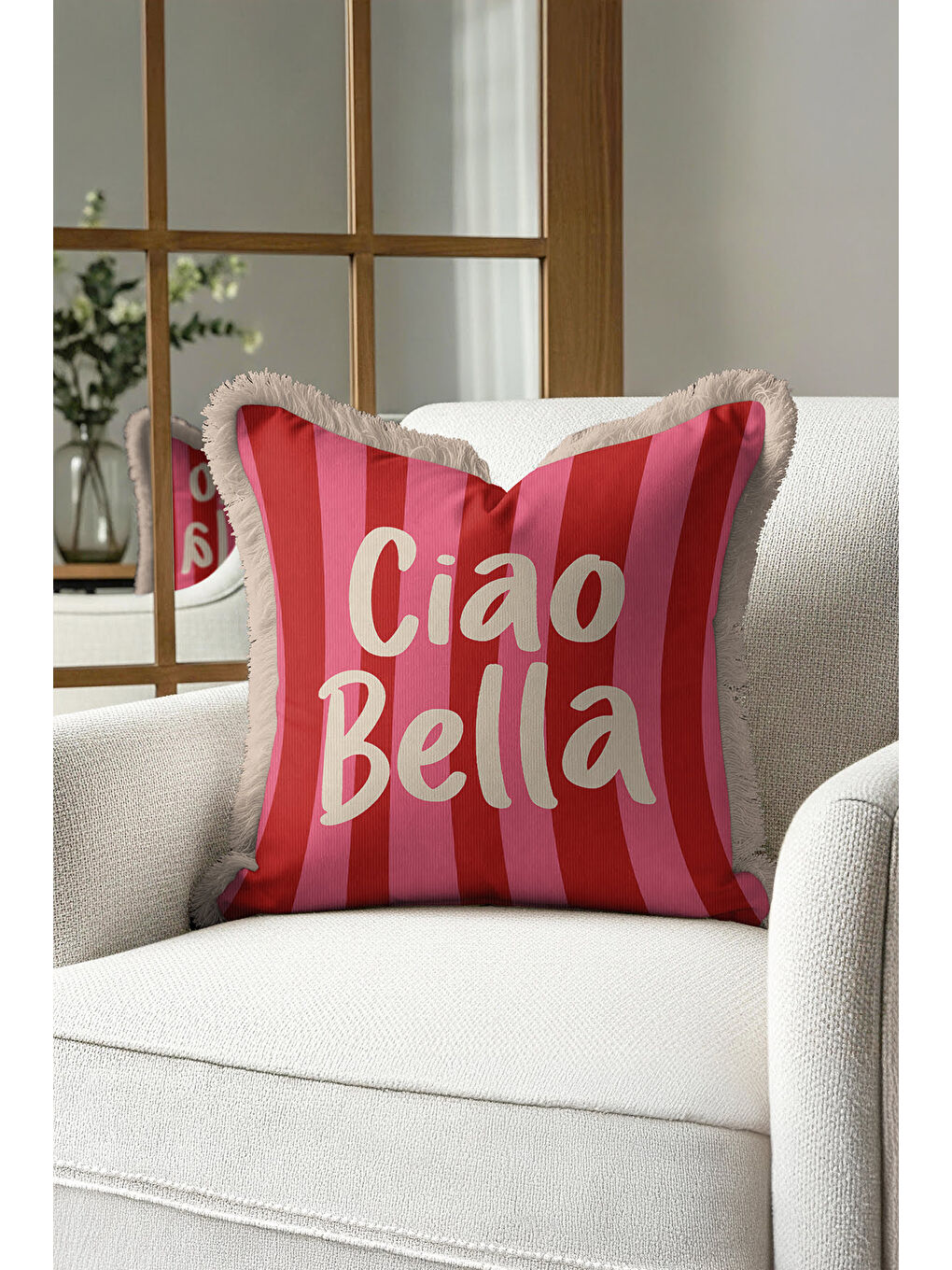 Karışık Çizgili Ciao Bella Saçaklı Yastık Kılıfı - Retro Ruhlu Kırmızı Pembe Krem Püsküllü Kırlent Kılıfı-2