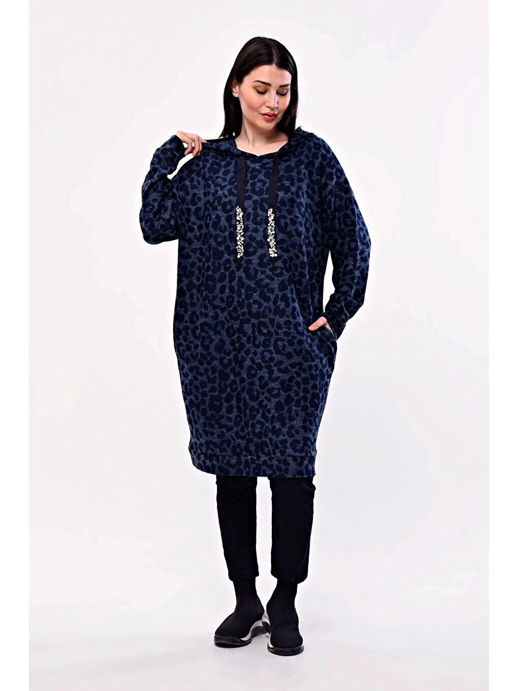 Mavi Büyük Beden Leopar Desenli Kapüşonlu Cepli Tunik 301804-4