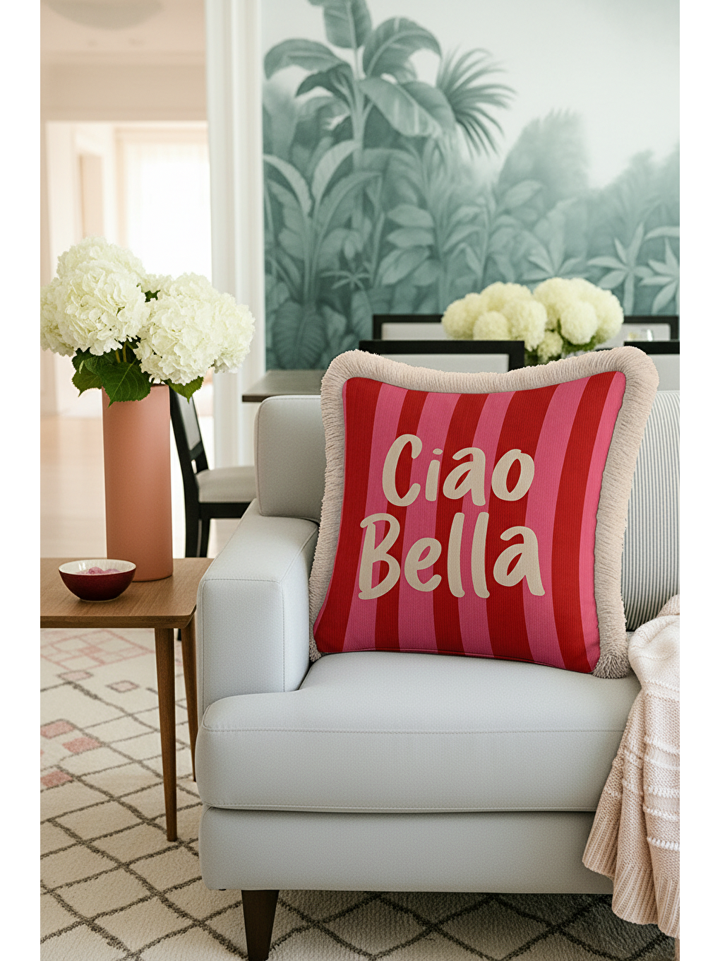 Karışık Çizgili Ciao Bella Saçaklı Yastık Kılıfı - Retro Ruhlu Kırmızı Pembe Krem Püsküllü Kırlent Kılıfı-3