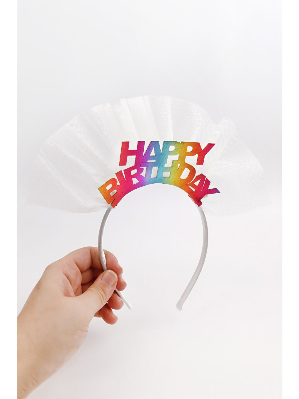 Beyaz Tüllü Happy Birthday Kız Çocuk Taç