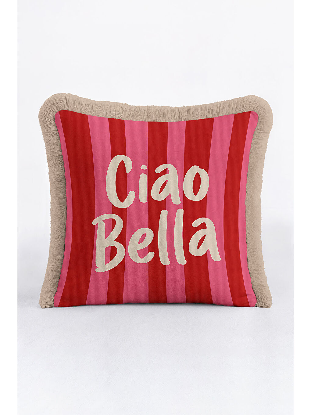Karışık Çizgili Ciao Bella Saçaklı Yastık Kılıfı - Retro Ruhlu Kırmızı Pembe Krem Püsküllü Kırlent Kılıfı-4