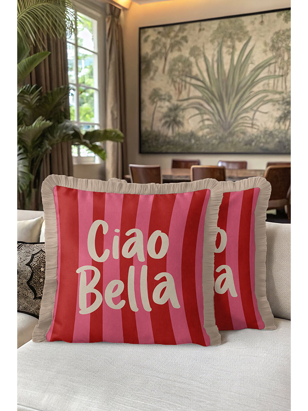 Karışık Çizgili Ciao Bella Saçaklı Yastık Kılıfı - Retro Ruhlu Kırmızı Pembe Krem Püsküllü Kırlent Kılıfı-5