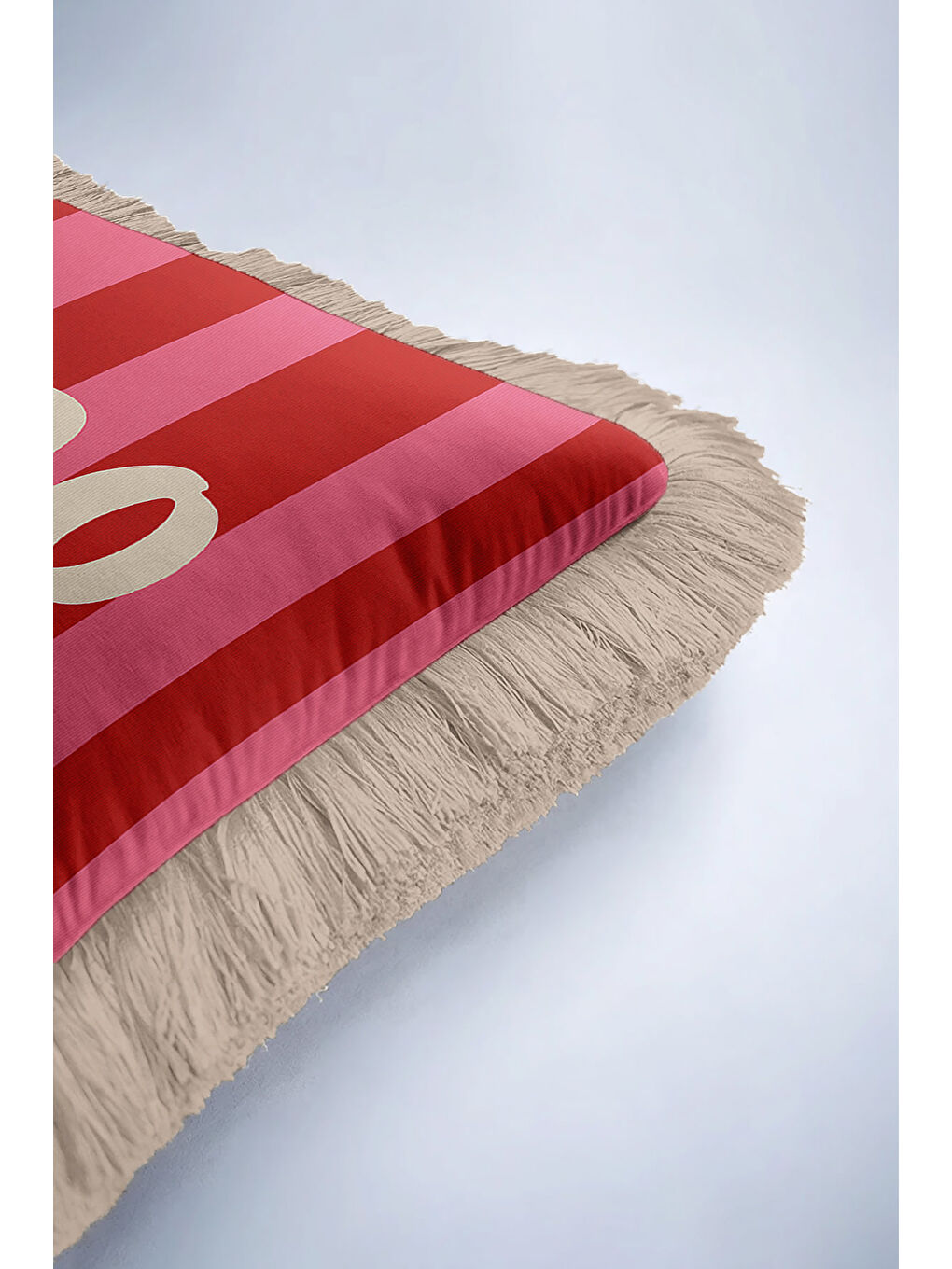 Karışık Çizgili Ciao Bella Saçaklı Yastık Kılıfı - Retro Ruhlu Kırmızı Pembe Krem Püsküllü Kırlent Kılıfı-6