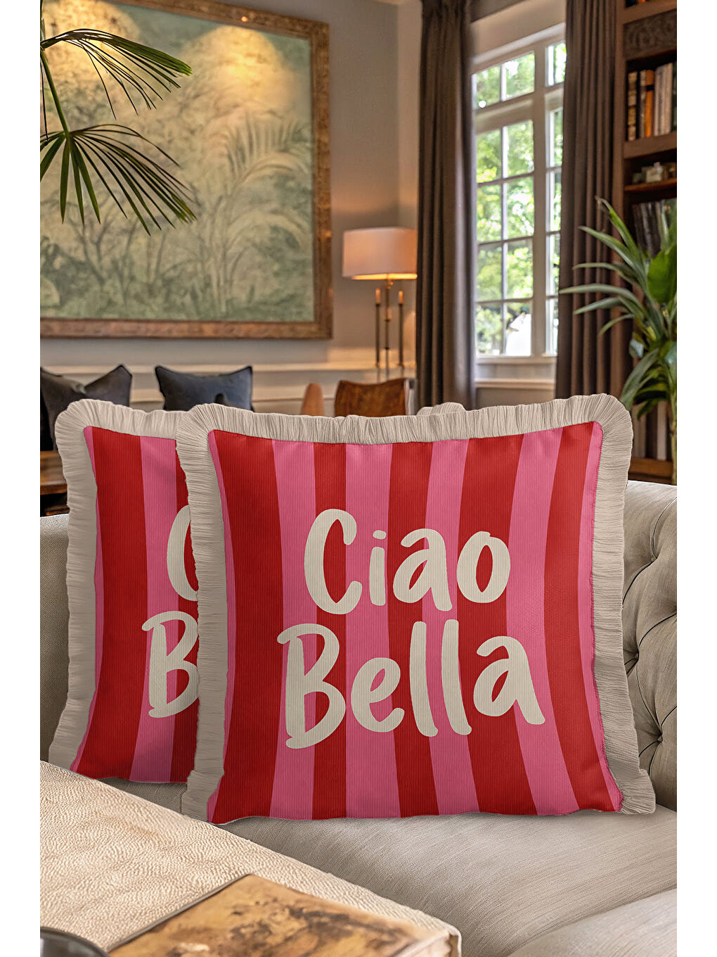 Karışık Çizgili Ciao Bella Saçaklı Yastık Kılıfı - Retro Ruhlu Kırmızı Pembe Krem Püsküllü Kırlent Kılıfı-7