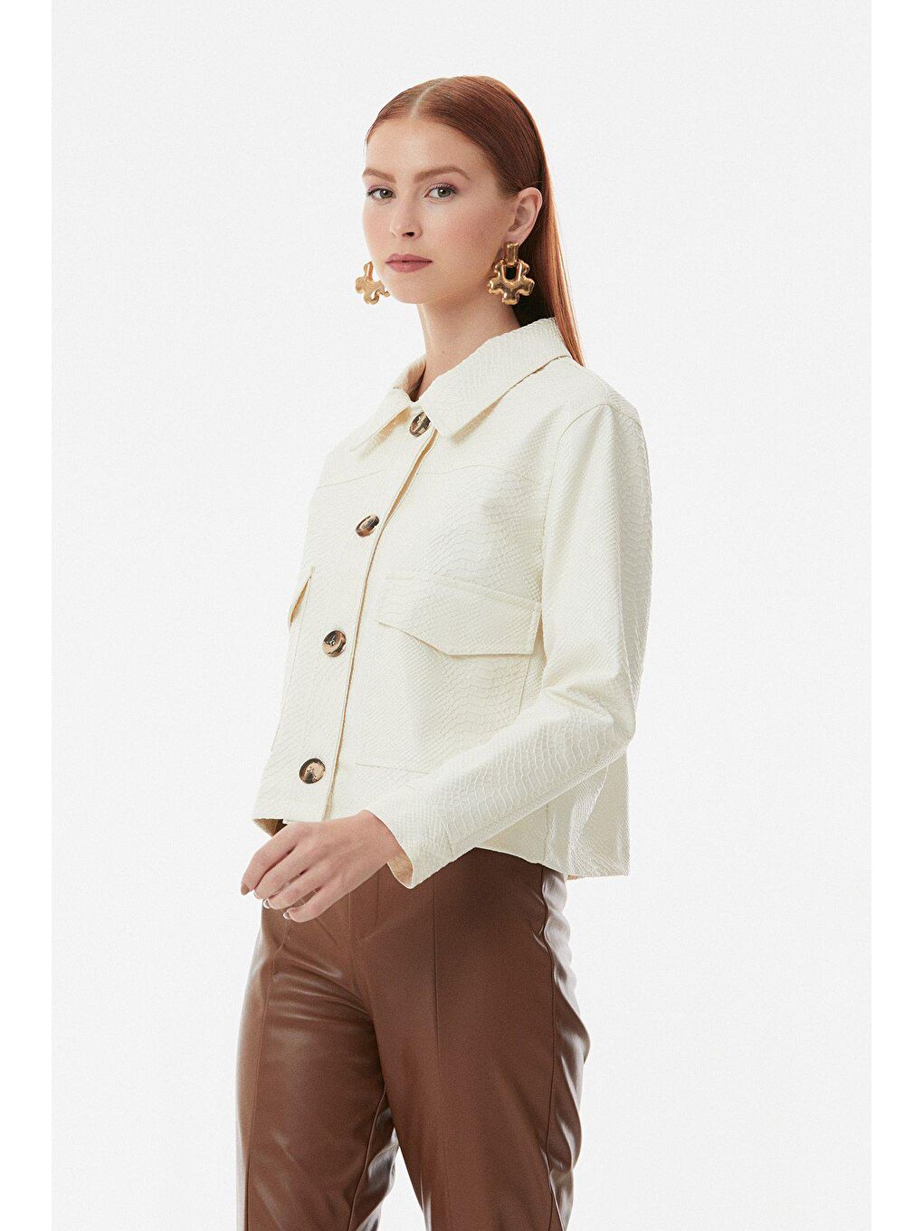 Ekru Suni Deri Büyük Cepli Ceket-4