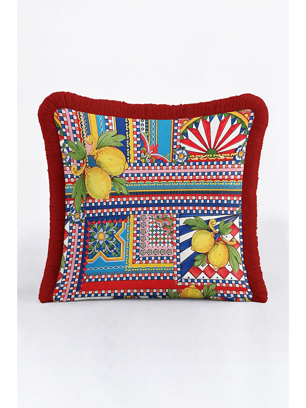Karışık Akdeniz Limonlu Saçaklı Yastık Kılıfı - Renkli Patchwork Bohem Sarı Kırmızı Püsküllü Kırlent Kılıfı-1